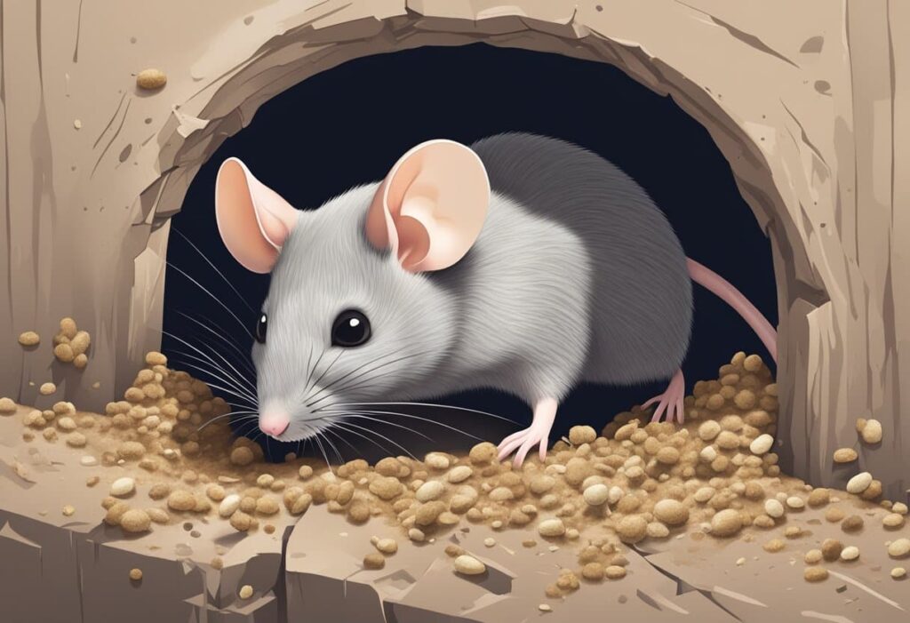 A mouse peeking out from a hole in the wall, surrounded by crumbs and droppings, while making scratching and squeaking noises
